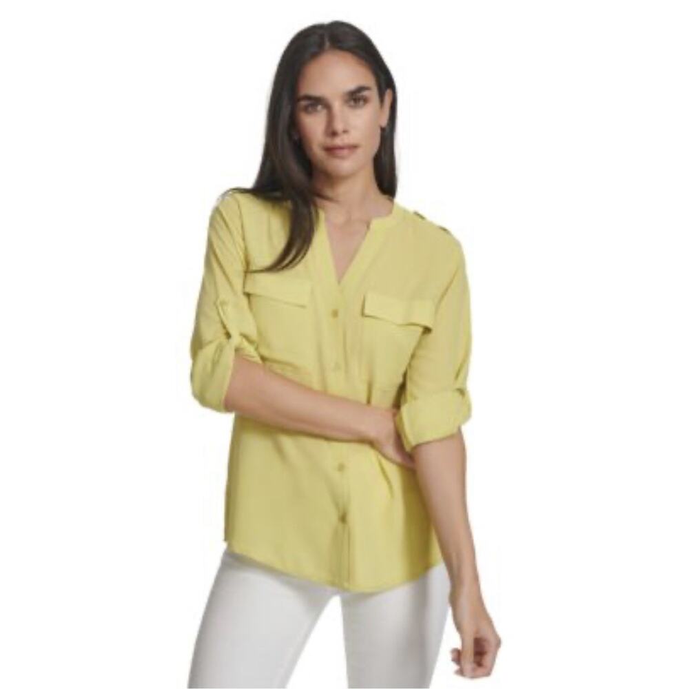 Calvin Klein Women's Roll-Tab Sleeve Button Down Shirt canary Yellow size Small